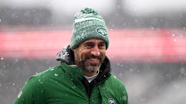 Rodgers before the Jets’ 17-3 win over the Patriots on Jan. 7, 2024.